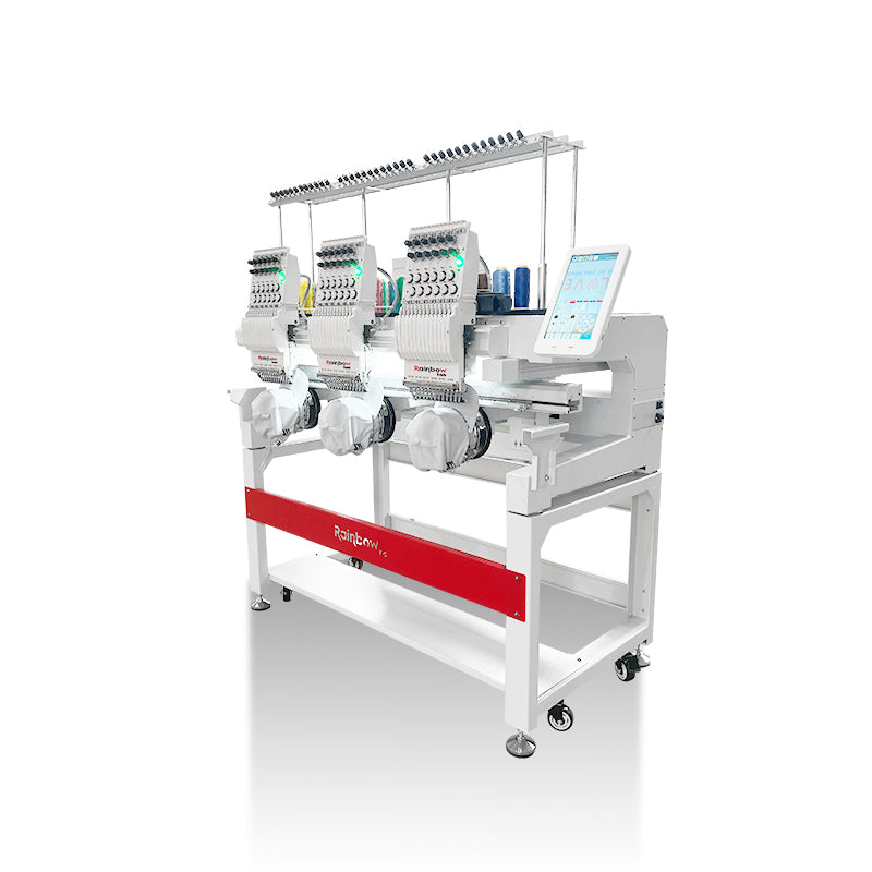 RainbowEmb 3 Heads Computerized Embroidery Machine, Model RBE4040-C12 Industrial 40*40cm(15.7"*15.7") Working Area Each Machine Head，12 Needles Embroidery Machine For Hats T-shirts Hoodies Towel etc