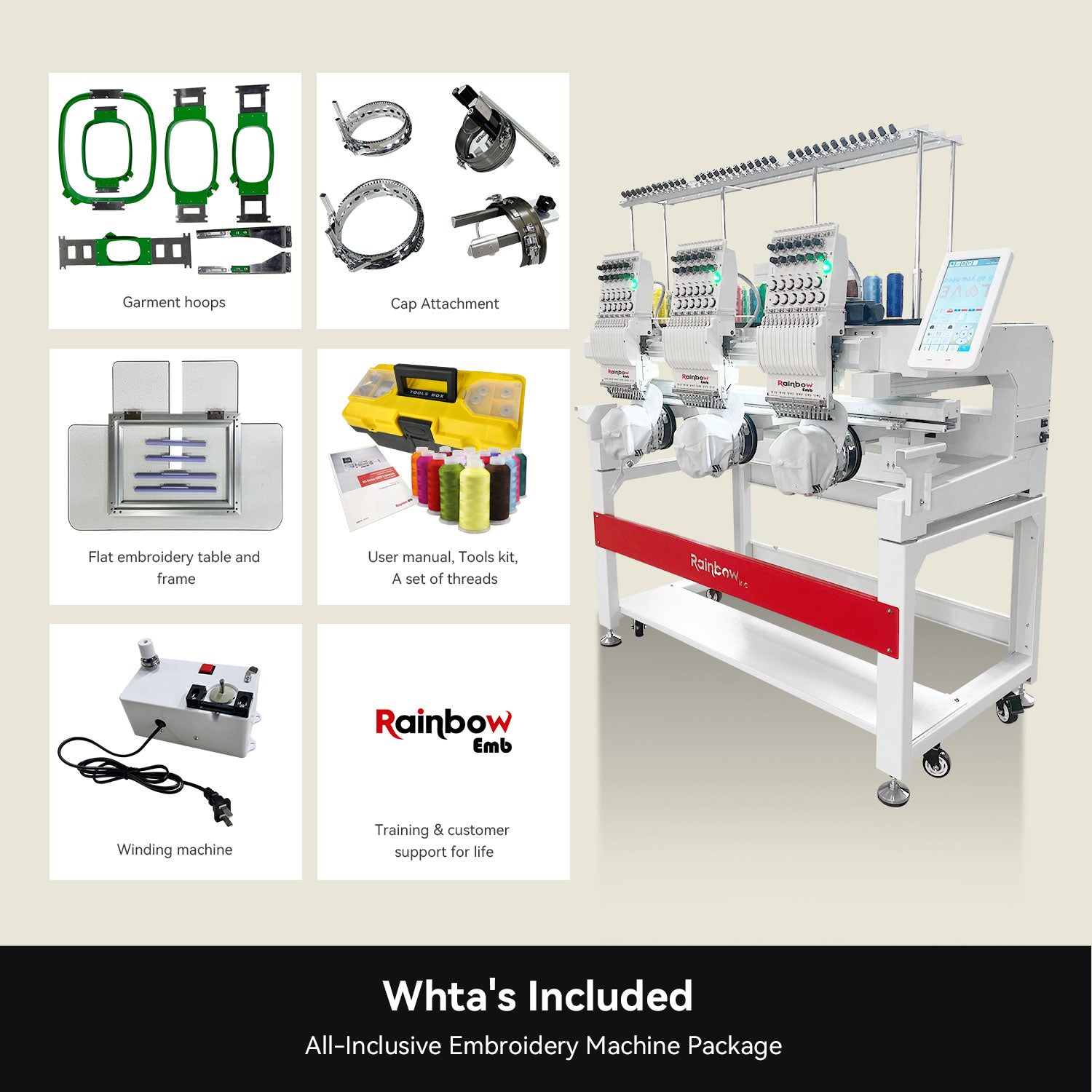 RainbowEmb 3 Heads Computerized Embroidery Machine, Model RBE4040-C12 Industrial 40*40cm(15.7"*15.7") Working Area Each Machine Head，12 Needles Embroidery Machine For Hats T-shirts Hoodies Towel etc