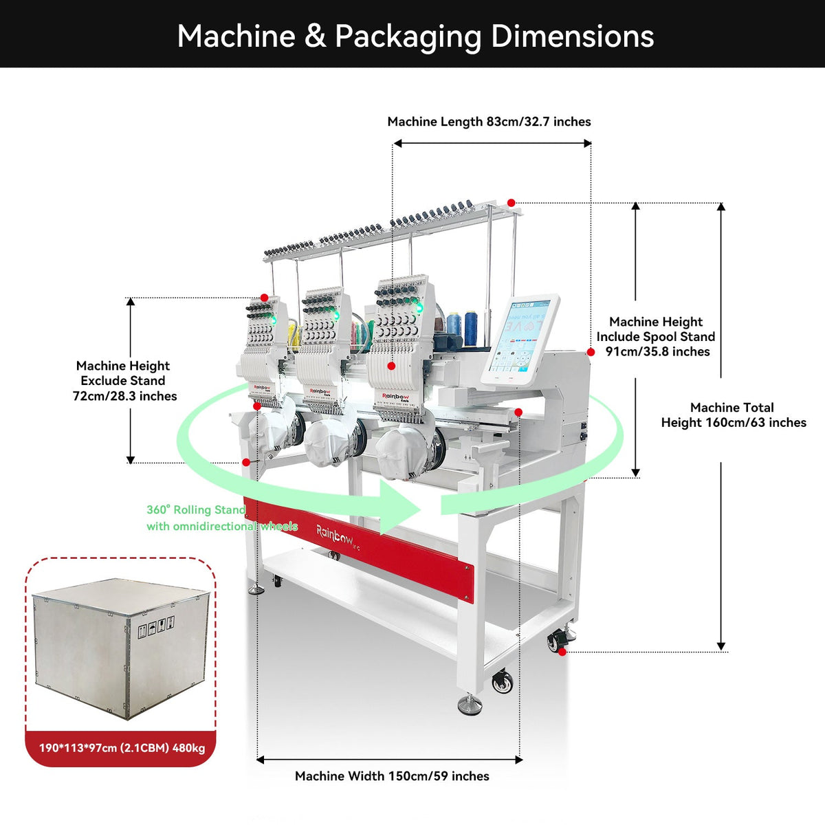 RainbowEmb 3 Heads Computerized Embroidery Machine, Model RBE4040-C12 Industrial 40*40cm(15.7"*15.7") Working Area Each Machine Head，12 Needles Embroidery Machine For Hats T-shirts Hoodies Towel etc