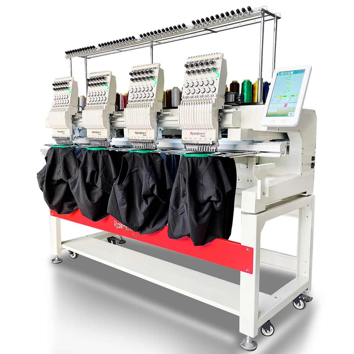 RainbowEmb 4 Heads Computerized Embroidery Machine, Model RBE4040-D12 Industrial 40*40cm(15.7"*15.7") Working Area Each Machine Head，12 Needles Embroidery Machine For Hats T-shirts Patches Towel etc