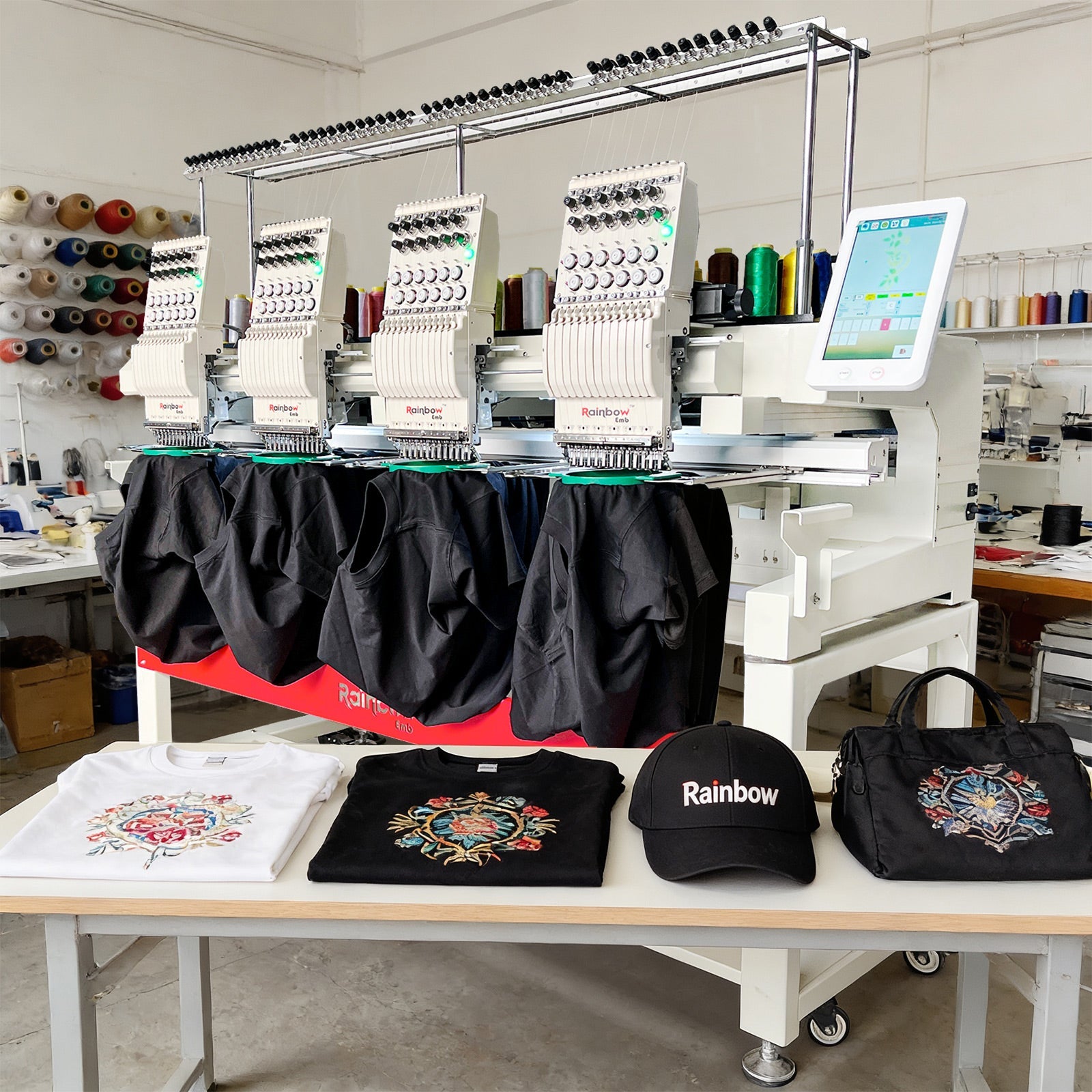 RainbowEmb 4 Heads Computerized Embroidery Machine, Model RBE4040-D12 Industrial 40*40cm(15.7"*15.7") Working Area Each Machine Head，12 Needles Embroidery Machine For Hats T-shirts Patches Towel etc