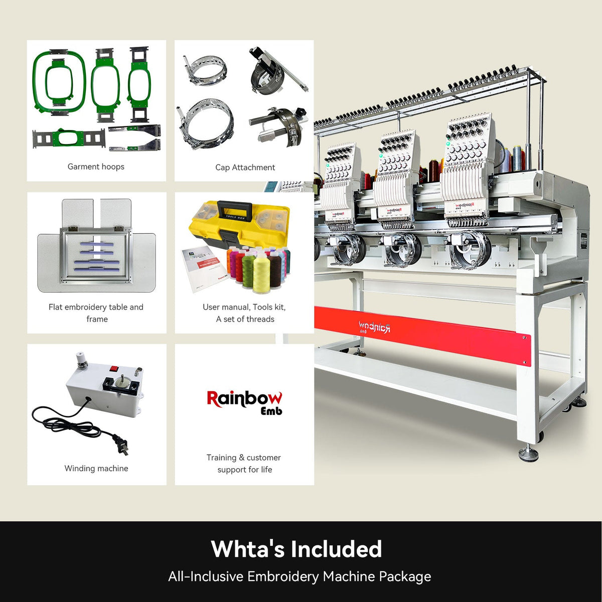 RainbowEmb 4 Heads Computerized Embroidery Machine, Model RBE4040-D12 Industrial 40*40cm(15.7"*15.7") Working Area Each Machine Head，12 Needles Embroidery Machine For Hats T-shirts Patches Towel etc