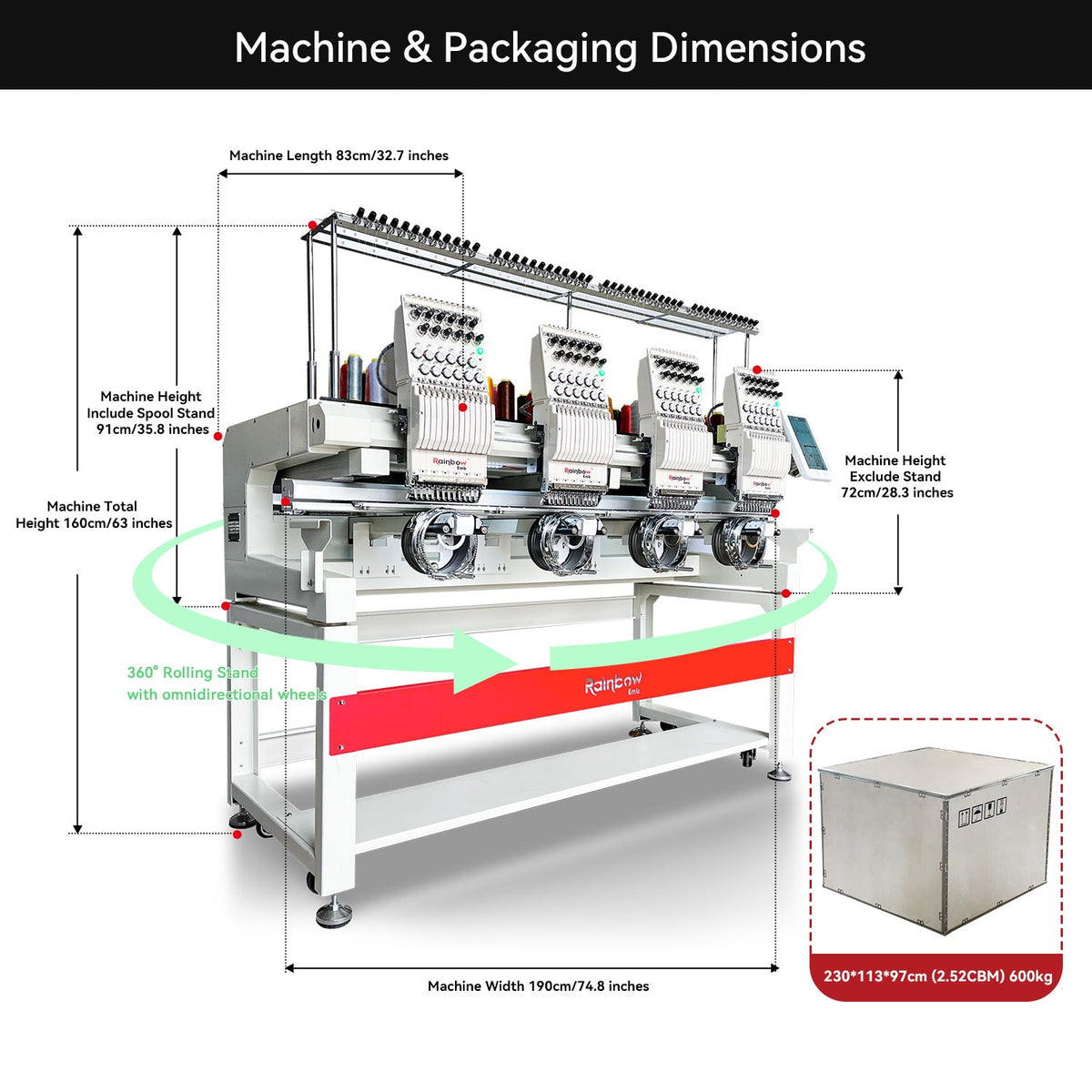 RainbowEmb 4 Heads Computerized Embroidery Machine, Model RBE4040-D12 Industrial 40*40cm(15.7"*15.7") Working Area Each Machine Head，12 Needles Embroidery Machine For Hats T-shirts Patches Towel etc