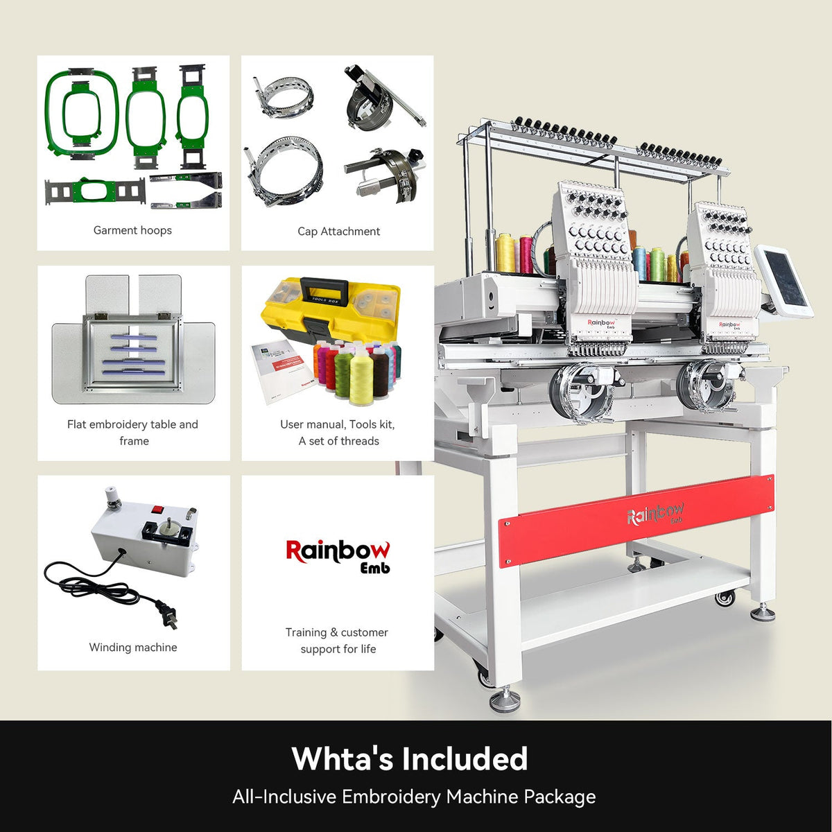 RainbowEmb Dual Heads Computerized 12 Needles Embroidery Machine, Model RBE4050-B12 Industrial 40*50cm(15.7"*19.7") Working Area Each Machine Head