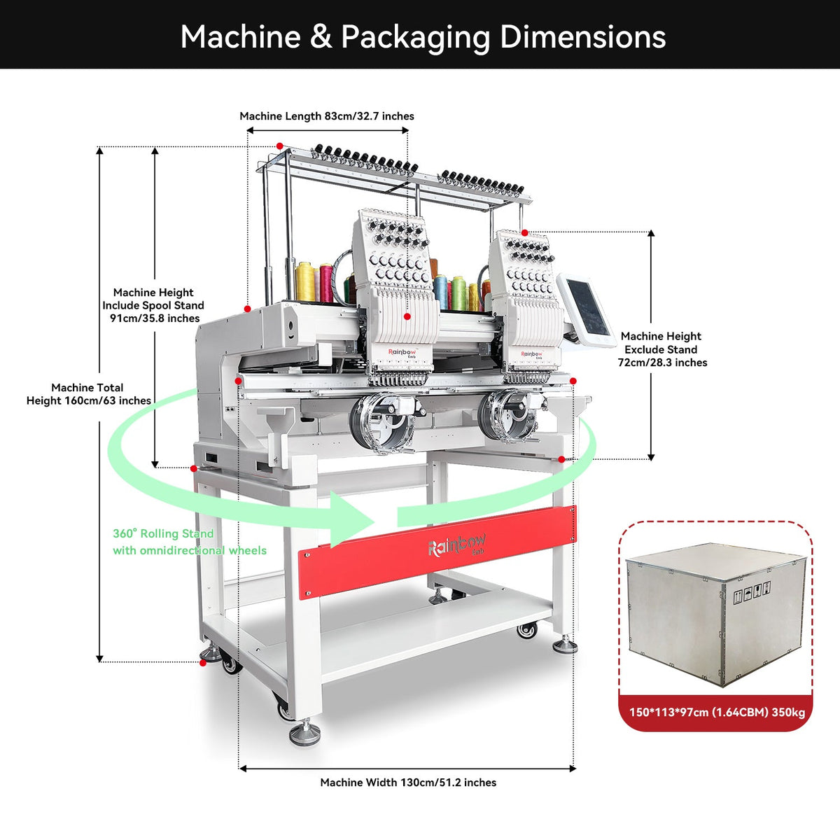 RainbowEmb Dual Heads Computerized 12 Needles Embroidery Machine, Model RBE4050-B12 Industrial 40*50cm(15.7"*19.7") Working Area Each Machine Head