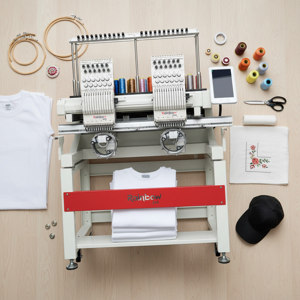 RainbowEmb Dual Heads Computerized 12 Needles Embroidery Machine, Model RBE4050-B12 Industrial 40*50cm(15.7"*19.7") Working Area Each Machine Head
